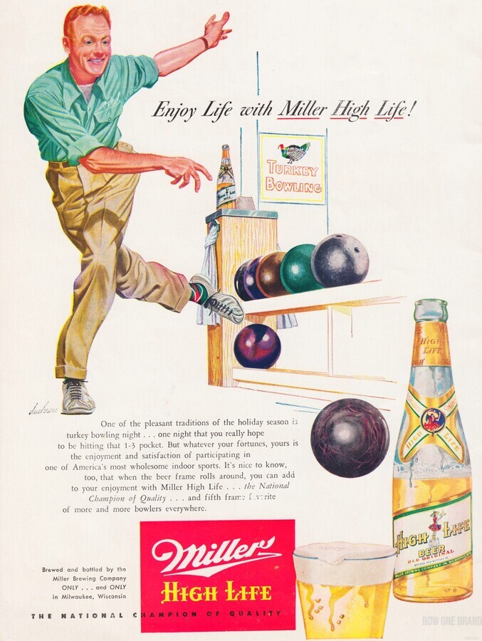 vintage miller beer advertisement bowling by Row One Brand