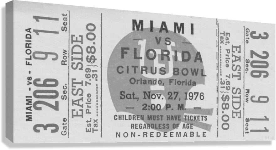 1976 Miami vs. Florida Ticket Black and White Remix Canvas Print