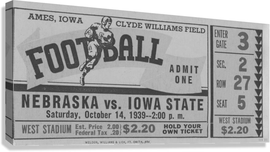 1939 Iowa State vs. Nebraska Black and White Ticket Remix Canvas Print