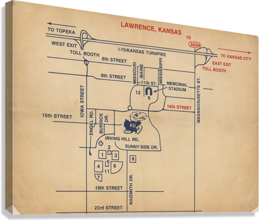 1980s Lawrence Kansas Map Canvas Print