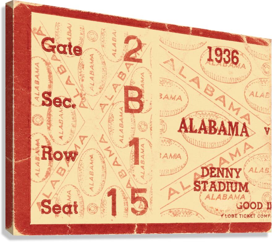 1936 Alabama Crimson Tide Football Ticket Remix Canvas Print