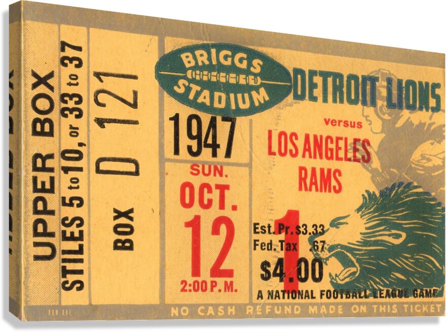 1947 LA Rams at Detroit Lions Ticket Art Canvas Print
