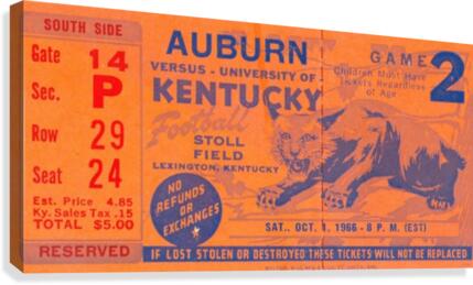 1966 Auburn vs. Kentucky Football Ticket Art Canvas Print