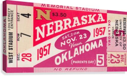 1957 Nebraska vs. Oklahoma Football Ticket Art Canvas Print