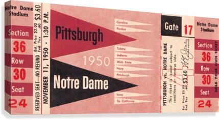 1950 pittsburgh notre dame vintage college football ticket wall art Canvas Print