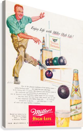 vintage miller beer advertisement bowling by Row One Brand
