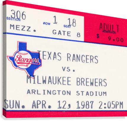 1987 Texas Rangers Baseball Ticket Canvas Canvas Print
