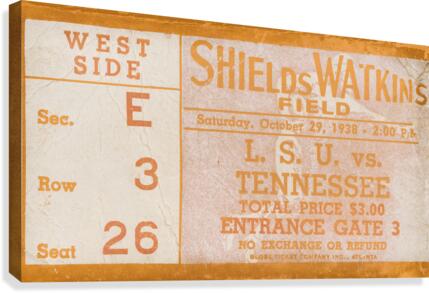 1938 Tennessee vs. LSU Football Ticket Art Canvas Print