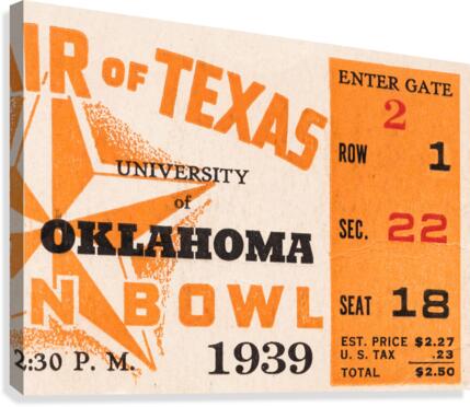 1939 Texas Longhorns vs. Oklahoma Sooners Ticket Art Canvas Print
