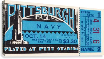 1933 Pittsburgh vs. Navy Football Ticket Art Canvas Print