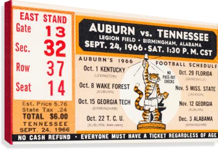 1966 Tennessee vs. Auburn Football Ticket Stub Art Canvas Print