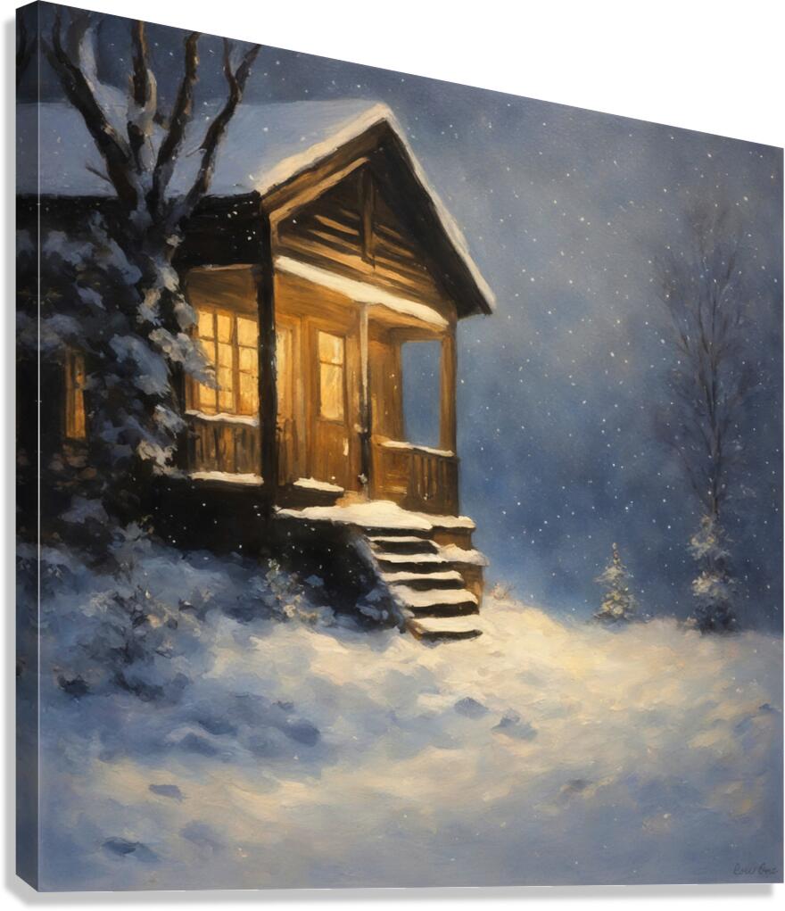 beautiful snowy night log cabin art Canvas Print