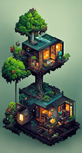 Isometric Pixel Treehouse Print