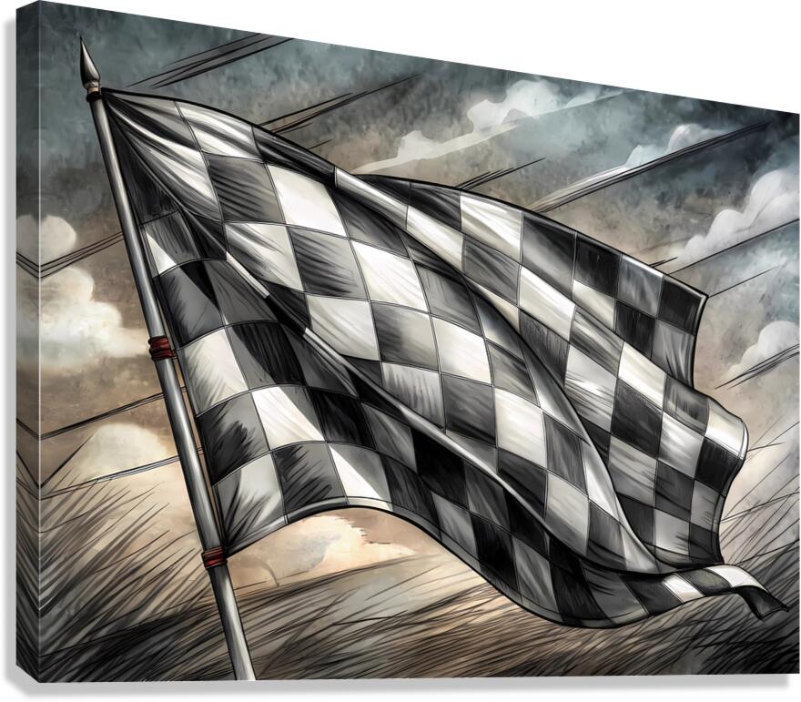 Monochrome Pencil Sketch of a Waving Checkered Racing Flag Canvas Print