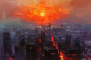 Crimson Cityscape At Dusk H92N5B 55