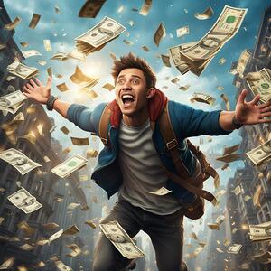 young man with money flying around