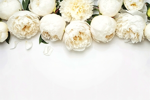 Festive white flower peonies composition on the w