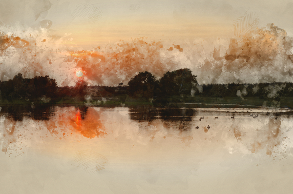Digital watercolour painting of Setting sun glows through trees  by Matthew Gibson