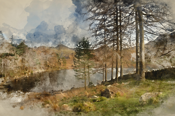 Digital watercolour painting of Beautiful vibrant sunrise landsc by Matthew Gibson