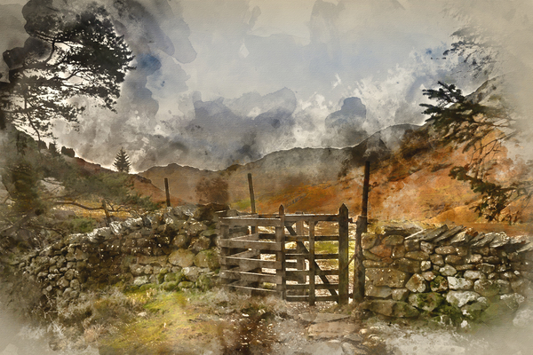 Digital watercolour painting of Beautiful vibrant sunrise landsc by Matthew Gibson