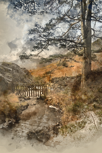 Digital watercolour painting of Beautiful vibrant sunrise landsc by Matthew Gibson