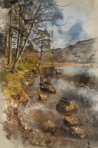 Digital watercolour painting of Beautiful vibrant sunrise landsc by Matthew Gibson