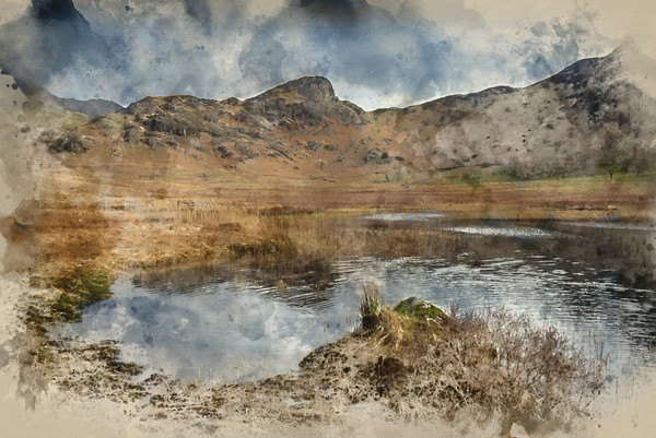 Digital watercolour painting of Beautiful vibrant sunrise landsc by Matthew Gibson