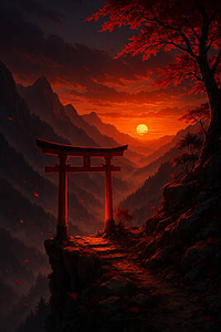 Crimson Sunset Torii Gate Above the Mountain Valleys