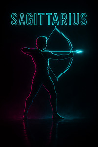 Sagittarius Archer Neon Silhouette with Cyan Arrow Glow