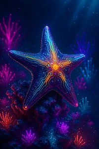 Prismatic Neon Cyberpunk Starfish of the Luminous Chrome Techno Reef