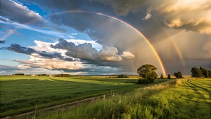 Rainbow Over Verdant Fields Under a Dramatic Sky.