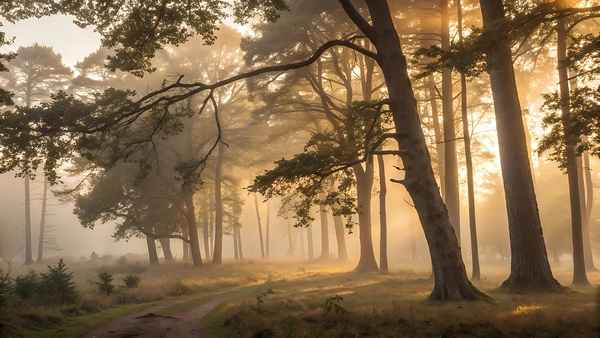 Golden Light Through a Misty Forest by DesignTech