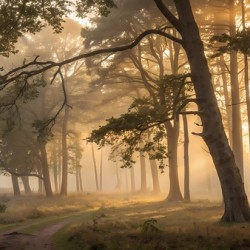 Golden Light Through a Misty Forest