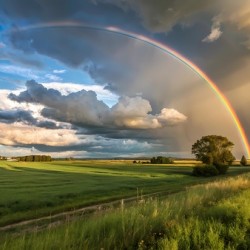 Rainbow Over Verdant Fields Under a Dramatic Sky.