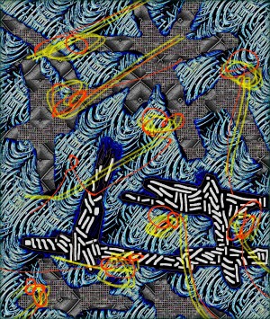 MulticoloredBurlapCastIron&BlueMetalCoils