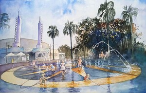 Children play in the fountain in Celebration Florida