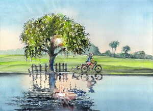 Celebration Florida - The young girl her bicycle and her dog