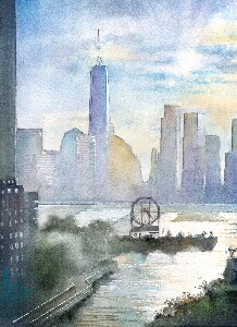 Manhattan Sunset Watercolor