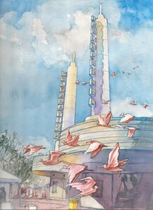 Flight of Pink Ibises in Celebration