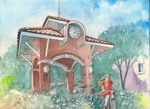 Winter Garden Clock Tower - A young girl riding a bicycle