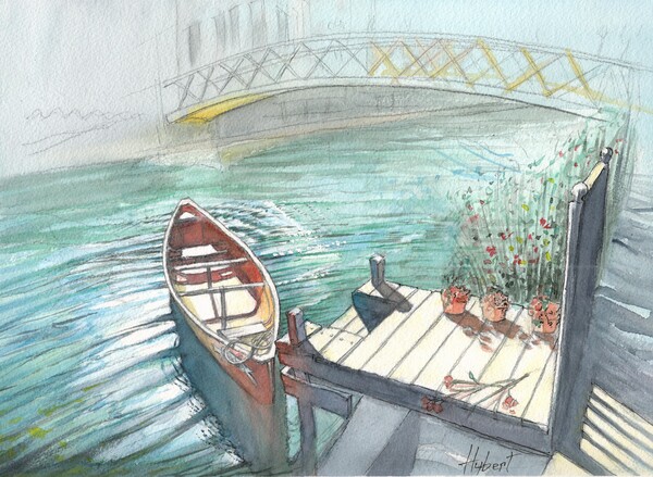 A small boat moored to a pontoon  Print
