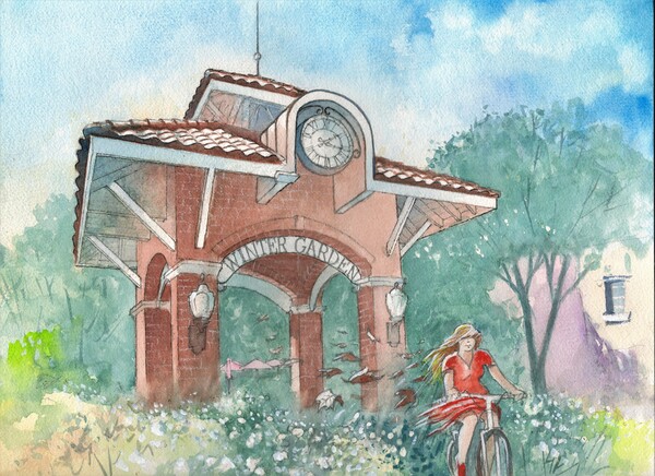 Winter Garden Clock Tower - A young girl riding a bicycle Print