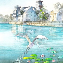 A heron flies over the Celebration hotel in Florida