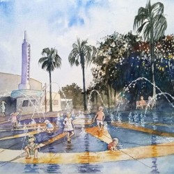 Children play in the fountain in Celebration Florida
