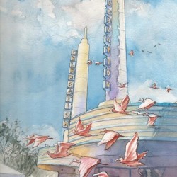 Flight of Pink Ibises in Celebration