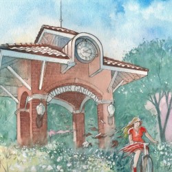 Winter Garden Clock Tower - A young girl riding a bicycle