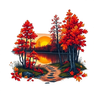 Autumn Sunset Over a Serene Lake – Symbolic Tattoo Art Print