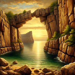 Golden Sunset Through a Natural Rock Arch Over the Ocean