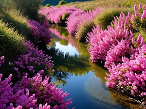 Stunning Pink Flower Bloom Along a Serene River – A Picturesque Natural Wonderland