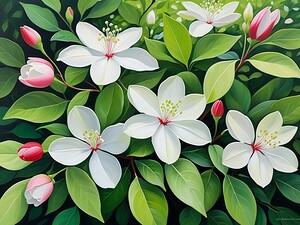 Elegant White Blossoms with Lush Green Leaves – A Nature-Inspired Artwork